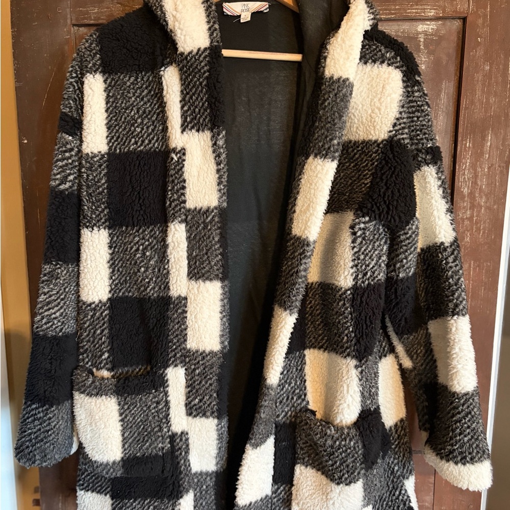 Pink Rose Black and White Checkered Teddy Jacket